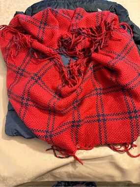 Panache Red Plaid Knit pull over scarf with Navy Accent